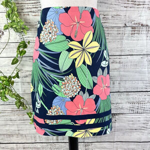 Talbots Skirt size 2 Navy Blue Pink Green Floral Tropical Knee A Line Stretch